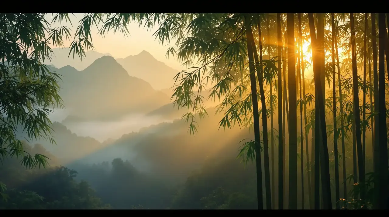 影视森林 首页背景 - 晨雾中的东方竹林与远山